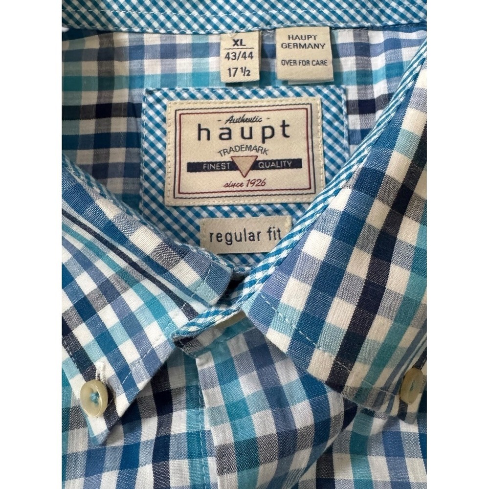 Haupt Regular Fit Blue Plaid Button Down Shirt Men's XL 43/44 17.5 Career Office